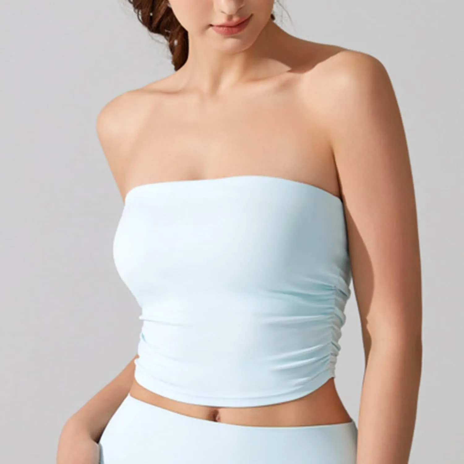 Sexy Strapless Shelf Bra Crop Top for Women Stretchy Ruched Side Bandeau Tops Casual Smooth Going Out Tube Brarettes