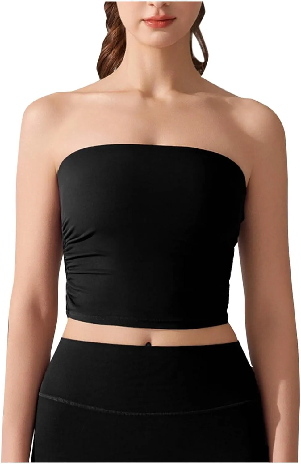 Sexy Strapless Shelf Bra Crop Top for Women Stretchy Ruched Side Bandeau Tops Casual Smooth Going Out Tube Brarettes