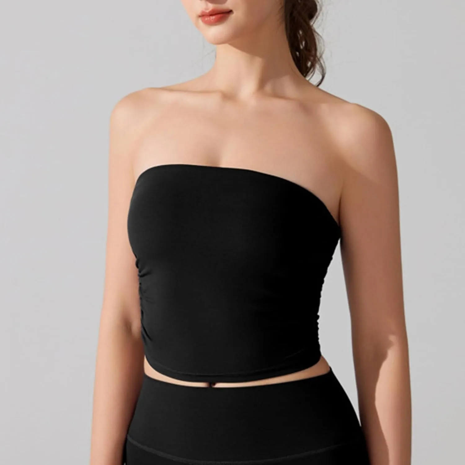 Sexy Strapless Shelf Bra Crop Top for Women Stretchy Ruched Side Bandeau Tops Casual Smooth Going Out Tube Brarettes