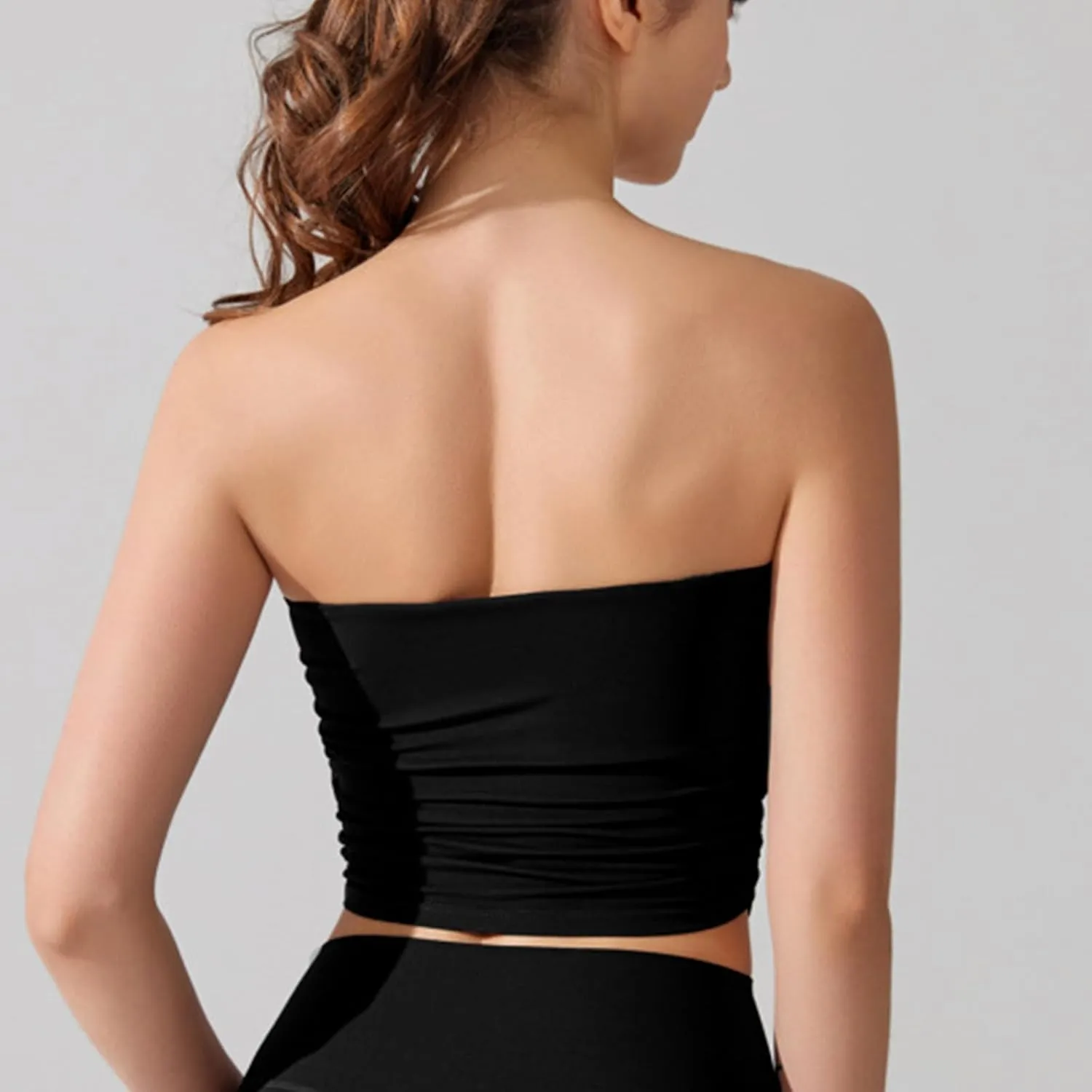 Sexy Strapless Shelf Bra Crop Top for Women Stretchy Ruched Side Bandeau Tops Casual Smooth Going Out Tube Brarettes