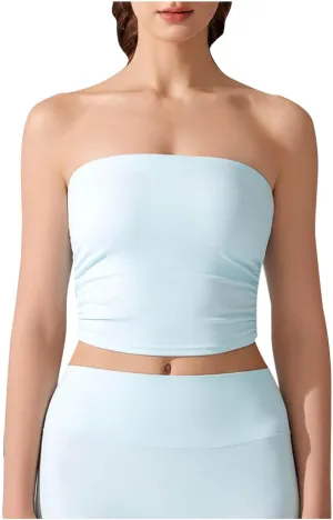 Sexy Strapless Shelf Bra Crop Top for Women Stretchy Ruched Side Bandeau Tops Casual Smooth Going Out Tube Brarettes