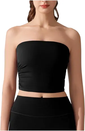 Sexy Strapless Shelf Bra Crop Top for Women Stretchy Ruched Side Bandeau Tops Casual Smooth Going Out Tube Brarettes
