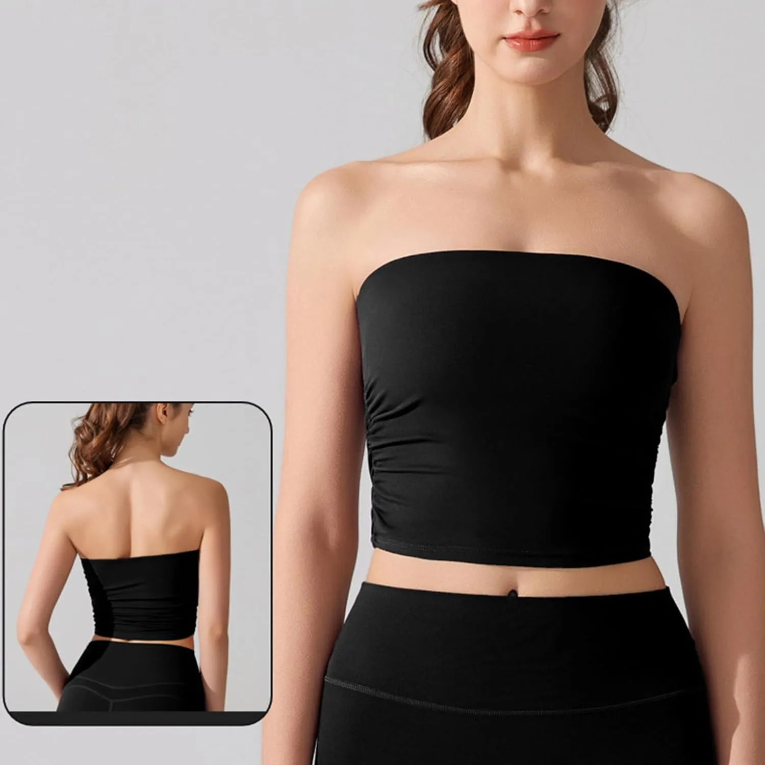 Sexy Strapless Shelf Bra Crop Top for Women Stretchy Ruched Side Bandeau Tops Casual Smooth Going Out Tube Brarettes