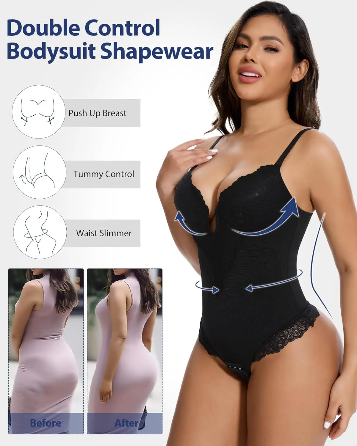 SHAPERIN Sexy Lace Shapewear Bodysuit for Women Tummy Control Corset Tops Body Suits Backless Thong Body Shaper Tank