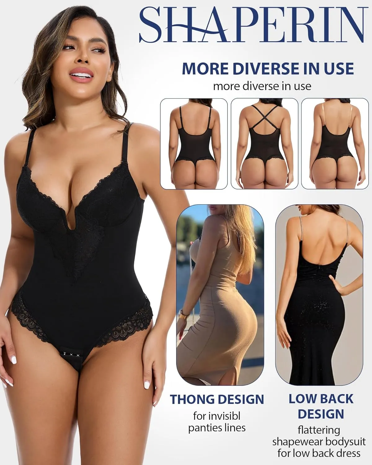 SHAPERIN Sexy Lace Shapewear Bodysuit for Women Tummy Control Corset Tops Body Suits Backless Thong Body Shaper Tank