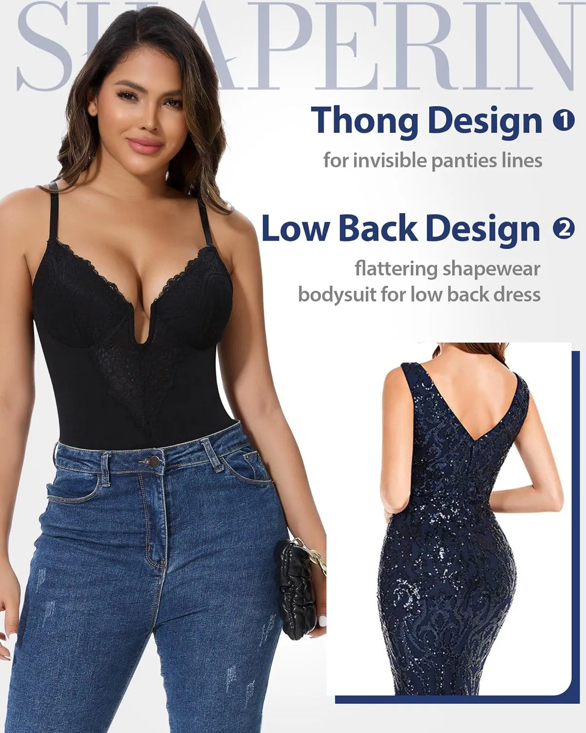SHAPERIN Sexy Lace Shapewear Bodysuit for Women Tummy Control Corset Tops Body Suits Backless Thong Body Shaper Tank