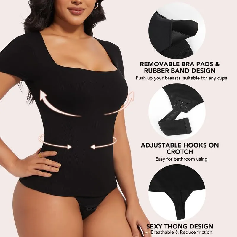 SHAPERIN Square Neck Bodysuit for Women Built in Shapewear Bra Short Sleeve Tummy Control Thong Leotard Tops