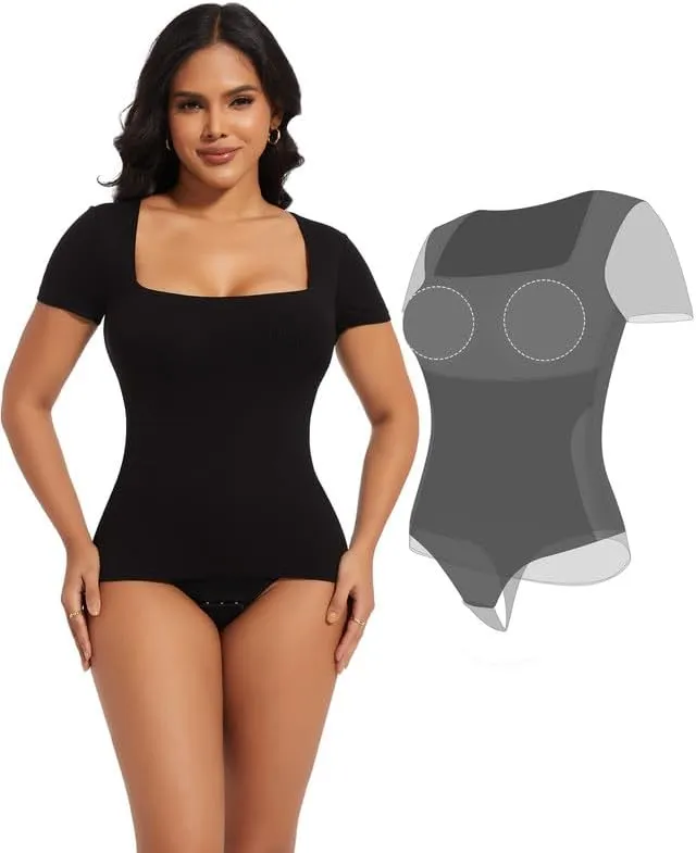SHAPERIN Square Neck Bodysuit for Women Built in Shapewear Bra Short Sleeve Tummy Control Thong Leotard Tops