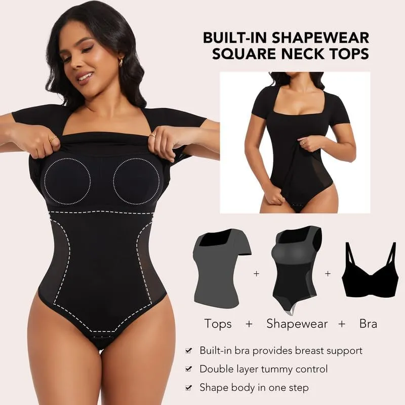 SHAPERIN Square Neck Bodysuit for Women Built in Shapewear Bra Short Sleeve Tummy Control Thong Leotard Tops