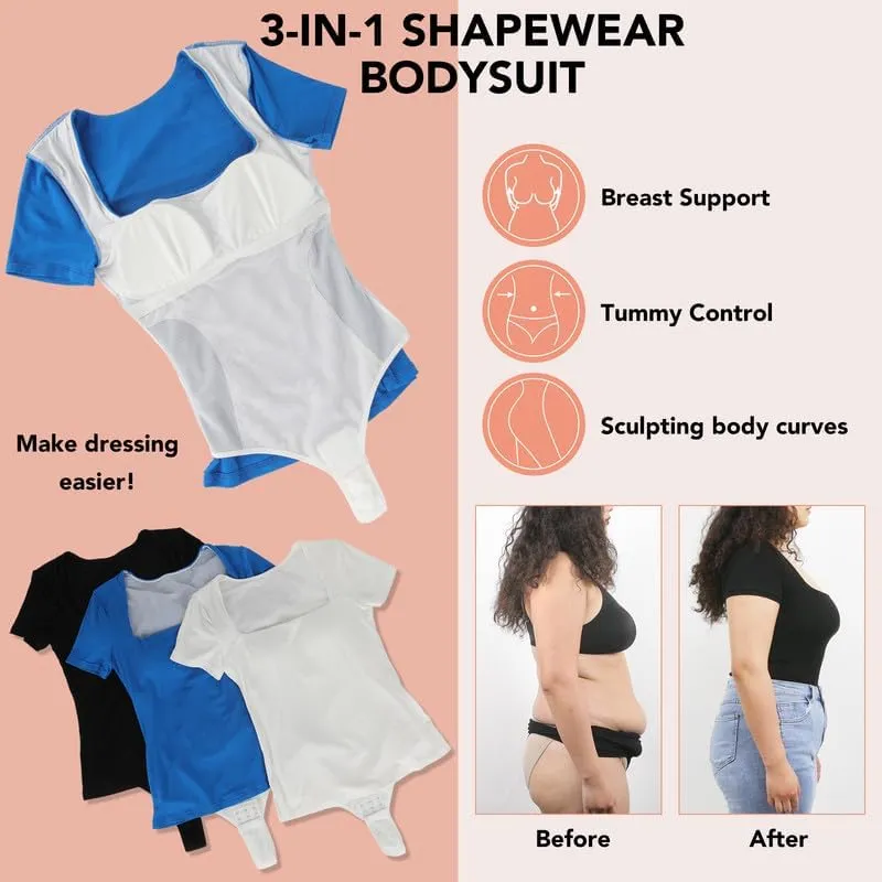 SHAPERIN Square Neck Bodysuit for Women Built in Shapewear Bra Short Sleeve Tummy Control Thong Leotard Tops