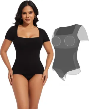 SHAPERIN Square Neck Bodysuit for Women Built in Shapewear Bra Short Sleeve Tummy Control Thong Leotard Tops