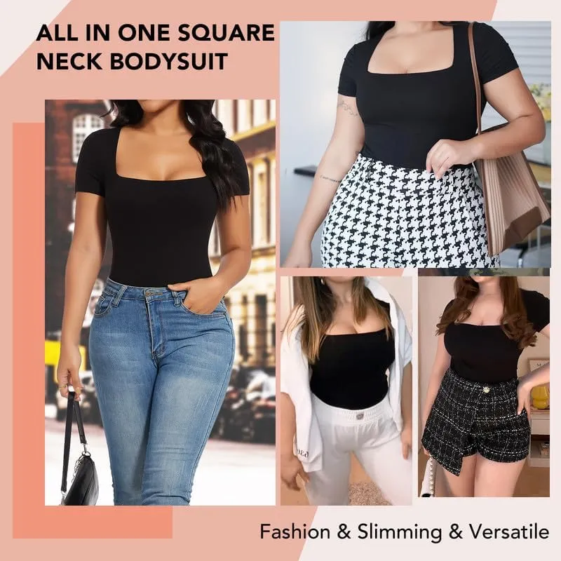 SHAPERIN Square Neck Bodysuit for Women Built in Shapewear Bra Short Sleeve Tummy Control Thong Leotard Tops