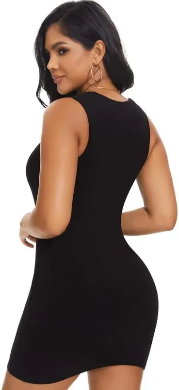 SHAPERIN Women's Built-in Shapewear Tank Dress Ribbed Bodycon Mini Dress Square Neck Tummy Control Dresses