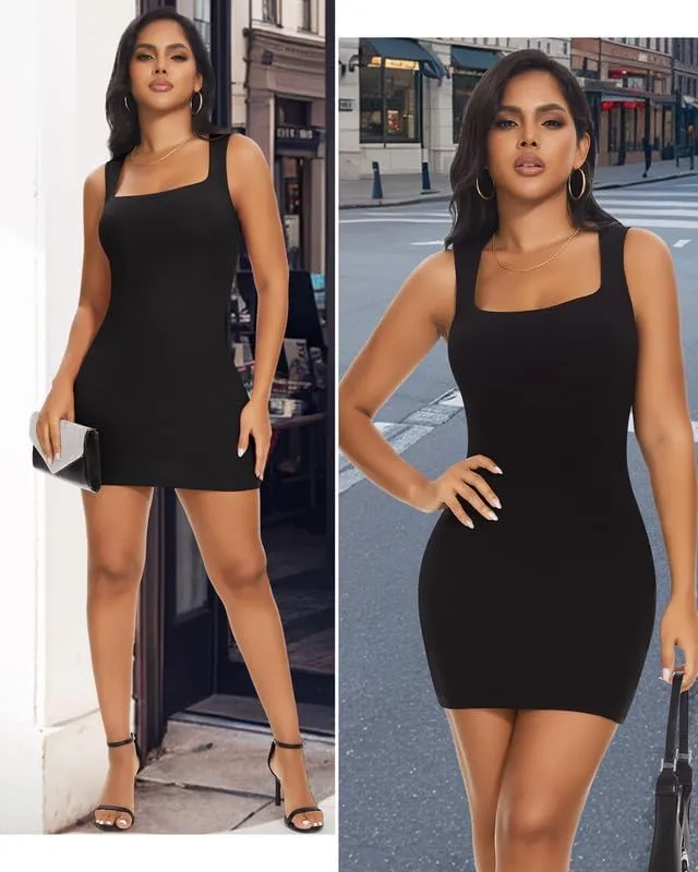 SHAPERIN Women's Built-in Shapewear Tank Dress Ribbed Bodycon Mini Dress Square Neck Tummy Control Dresses