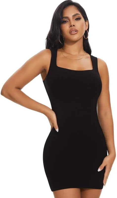 SHAPERIN Women's Built-in Shapewear Tank Dress Ribbed Bodycon Mini Dress Square Neck Tummy Control Dresses