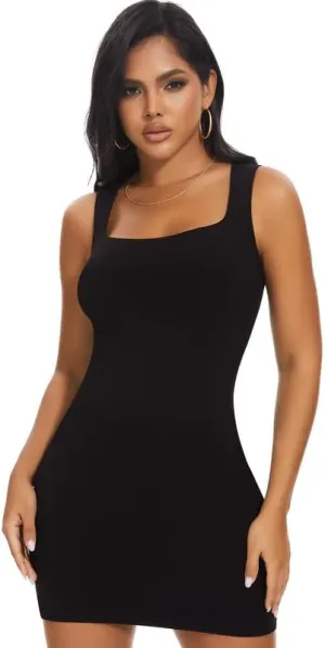 SHAPERIN Women's Built-in Shapewear Tank Dress Ribbed Bodycon Mini Dress Square Neck Tummy Control Dresses