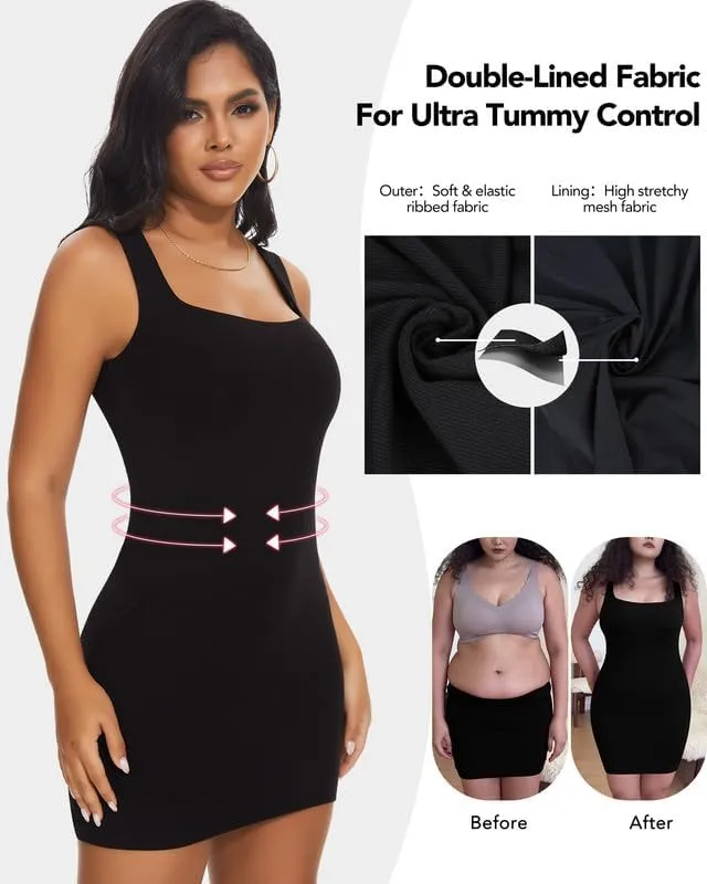 SHAPERIN Women's Built-in Shapewear Tank Dress Ribbed Bodycon Mini Dress Square Neck Tummy Control Dresses