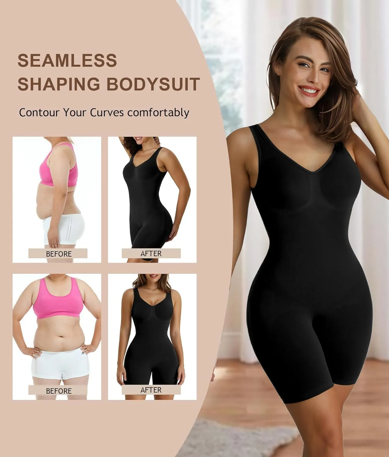 SHAPERX Women's Shaping Mid-Thigh Bodysuit Tummy Control Shapewear Seamless Sculpting Body Shaper