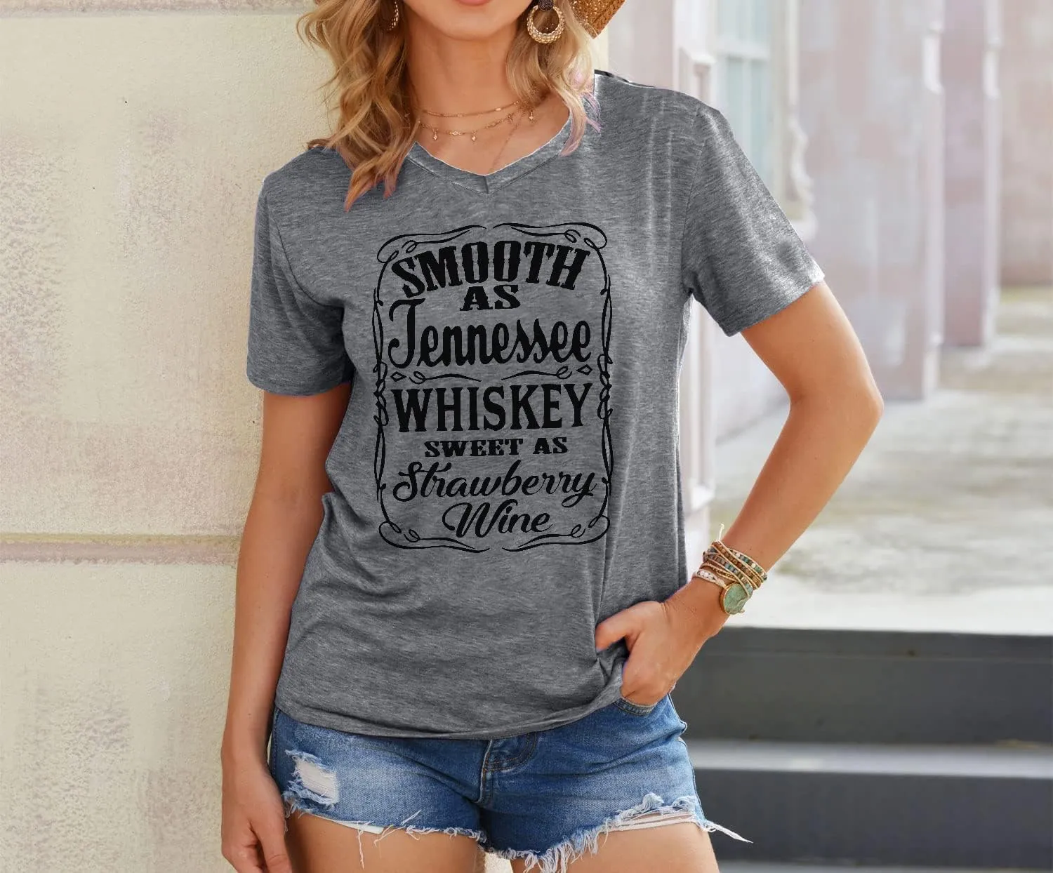 Smooth as Tennessee Whiskey Sweet as Strawberry Wine T Shirt Women V-Neck Country Music Tee Tops Drinking Blouse