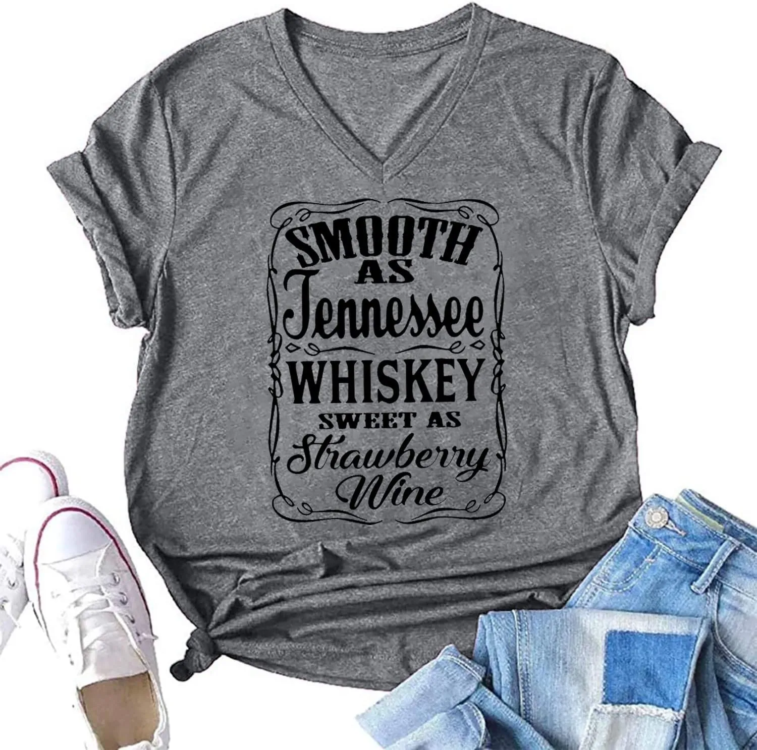 Smooth as Tennessee Whiskey Sweet as Strawberry Wine T Shirt Women V-Neck Country Music Tee Tops Drinking Blouse