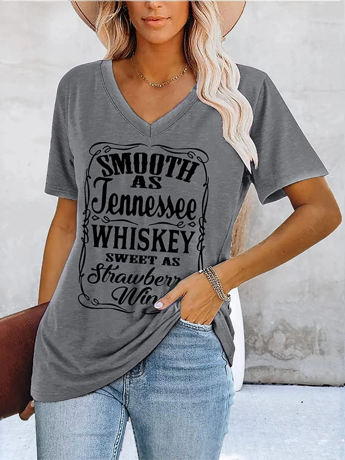 Smooth as Tennessee Whiskey Sweet as Strawberry Wine T Shirt Women V-Neck Country Music Tee Tops Drinking Blouse