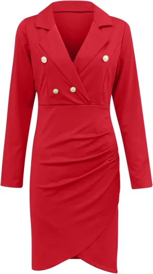 Solid Bodycon Dresses for Women Elegant Work Dresses Party Office Gowns Evening Dresses Long Sleeve V-Neck Blazer Dress