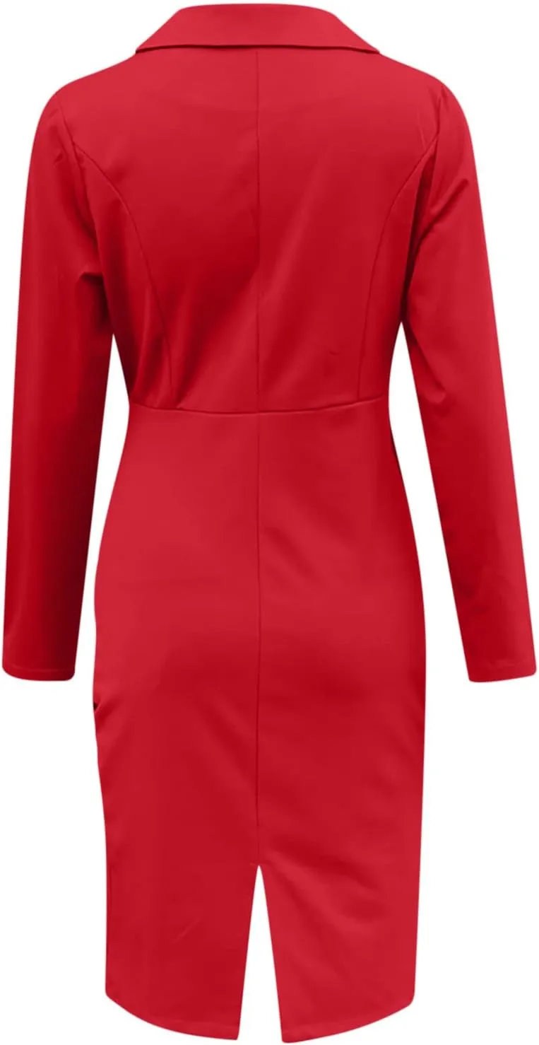 Solid Bodycon Dresses for Women Elegant Work Dresses Party Office Gowns Evening Dresses Long Sleeve V-Neck Blazer Dress