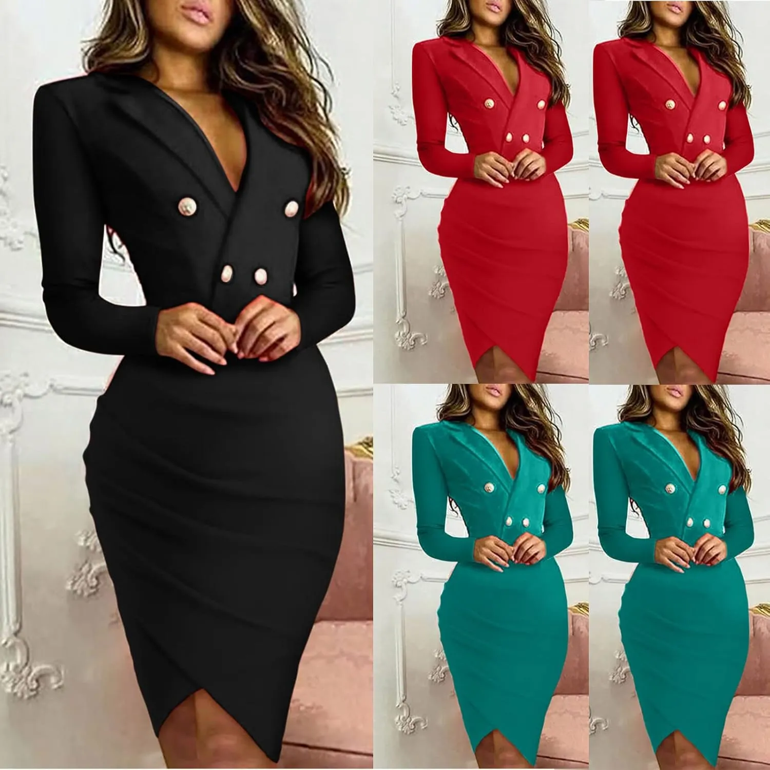 Solid Bodycon Dresses for Women Elegant Work Dresses Party Office Gowns Evening Dresses Long Sleeve V-Neck Blazer Dress