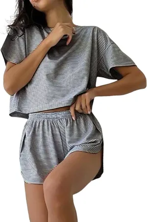 Split Short Pajama Set, Pajama Sets for Women 2 Piece Striped Short Sleeve Tee and Side Split Shorts Set Loungewear