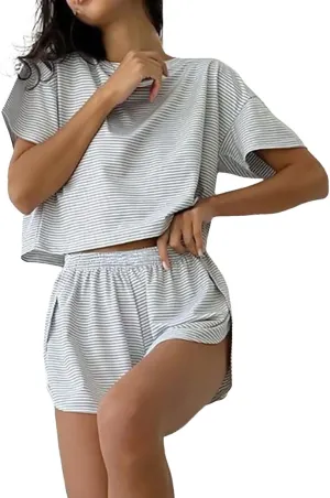 Split Short Pajama Set, Pajama Sets for Women 2 Piece Striped Short Sleeve Tee and Side Split Shorts Set Loungewear