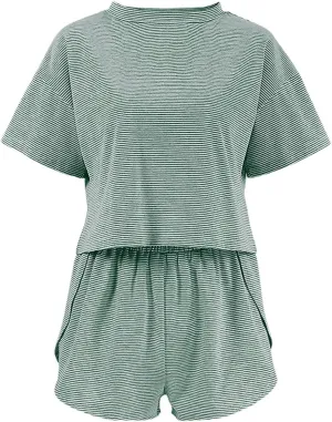 Split Short Pajama Set, Pajama Sets for Women 2 Piece Striped Short Sleeve Tee and Side Split Shorts Set Loungewear
