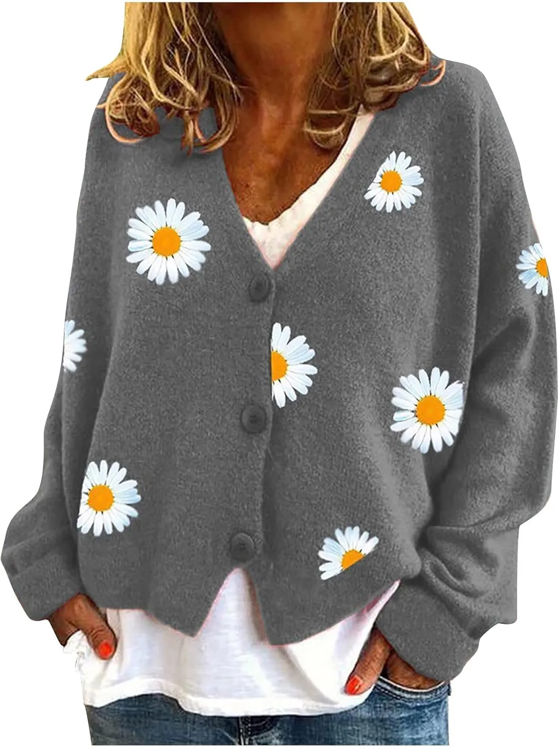 Stessotudo Womens Casual Daisy Print Cardigan Cable Knit Button Down Chunky Sweaters Long Sleeve Winter Cute Outerwear 2023