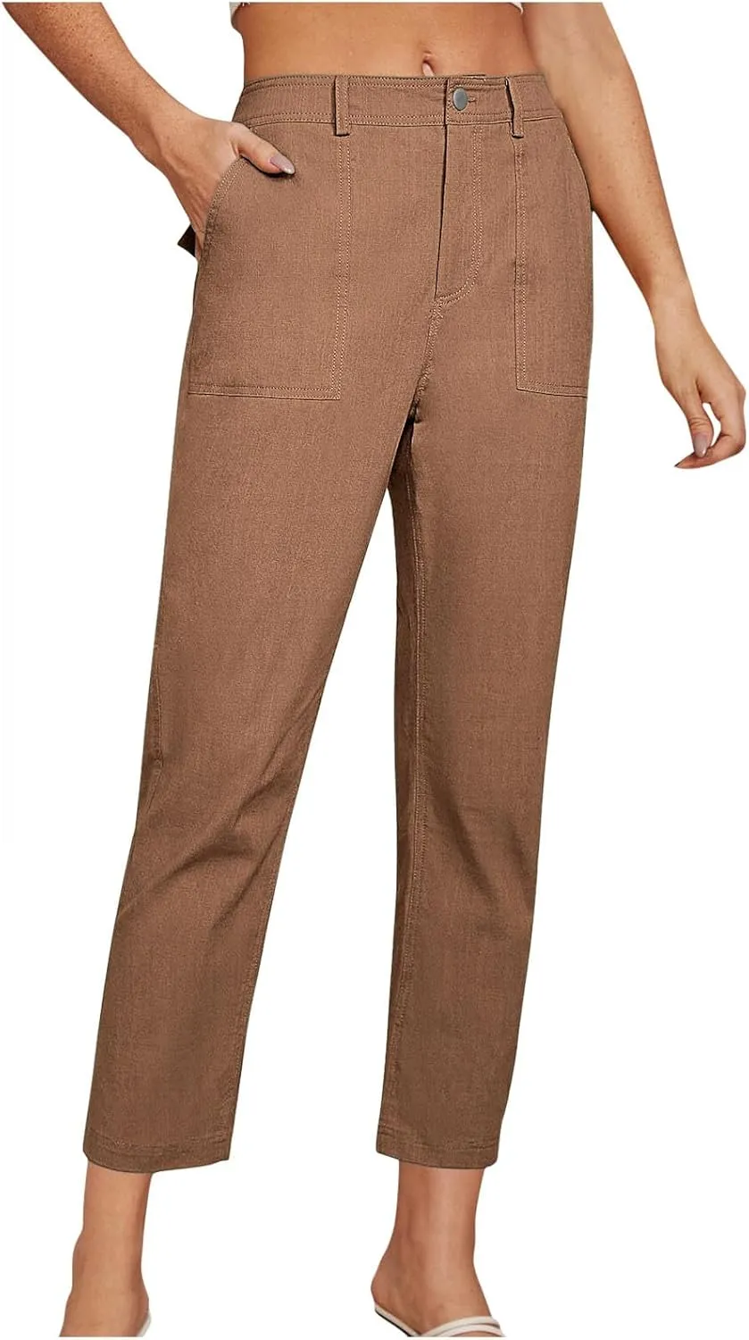 Straight Dress Pants for Women Casual Fashion Business Work Pant Summer Elastic Waist Tapered Trousers with Pockets