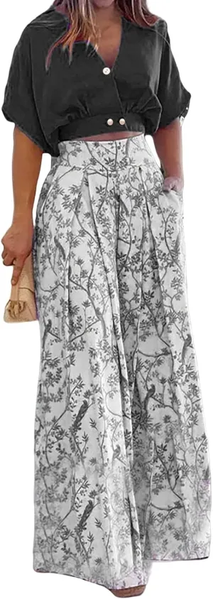 Summer 2 Piece Sets for Women Fashion Casual Short Sleeve V Neck Tops Matching Print Wide Leg Pants Set Business Suit