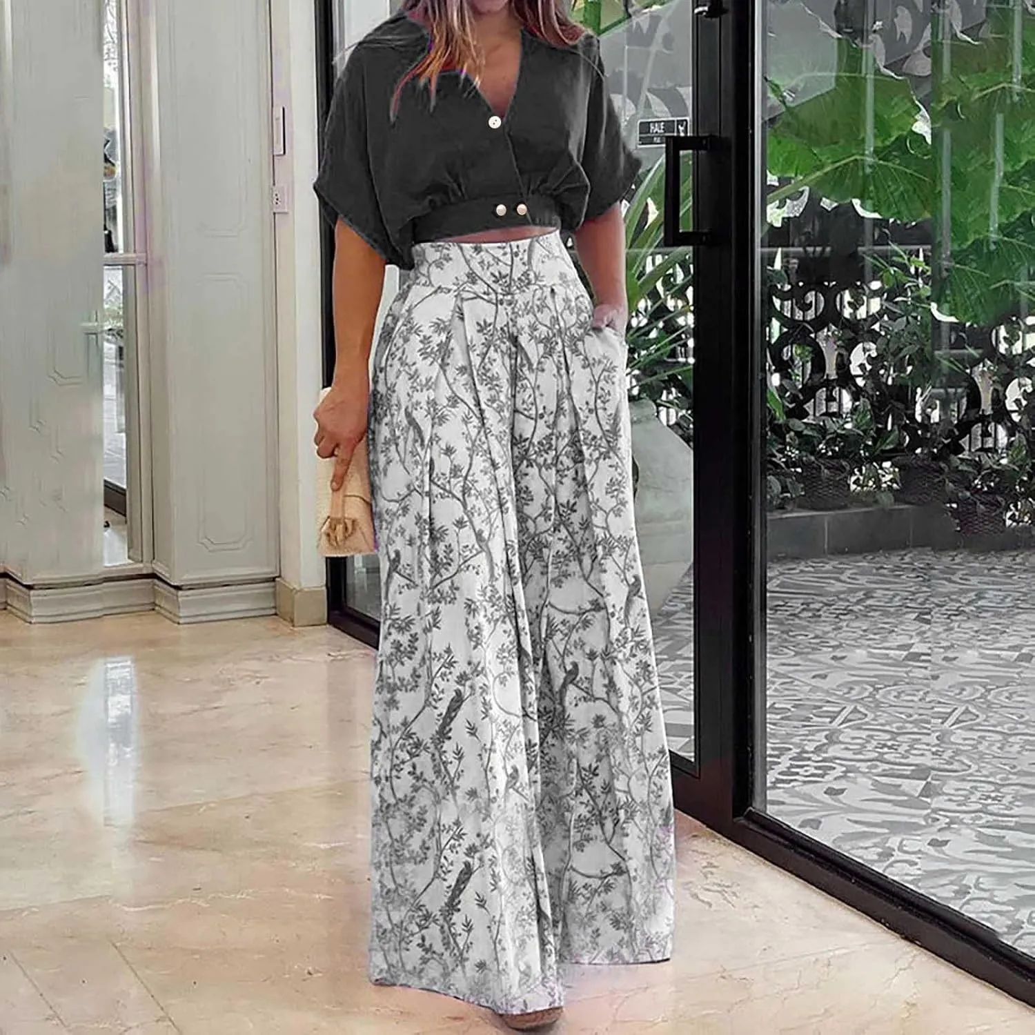 Summer 2 Piece Sets for Women Fashion Casual Short Sleeve V Neck Tops Matching Print Wide Leg Pants Set Business Suit