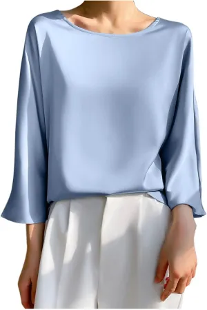 Summer 3/4 Sleeve Tops for Women Round Neck Loose T Shirt Draping Silk Smooth Satin Shirt Tees Dressy Business Blouse