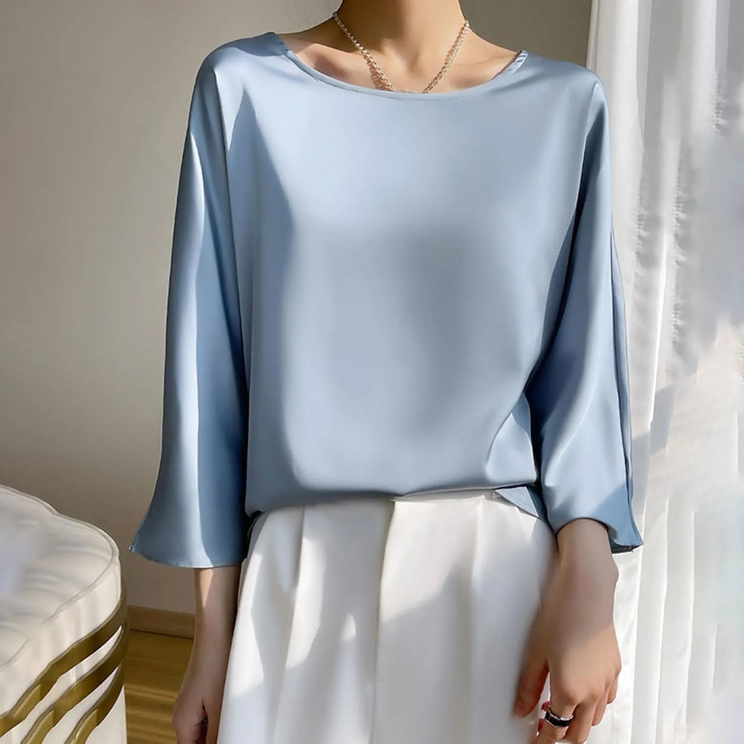 Summer 3/4 Sleeve Tops for Women Round Neck Loose T Shirt Draping Silk Smooth Satin Shirt Tees Dressy Business Blouse