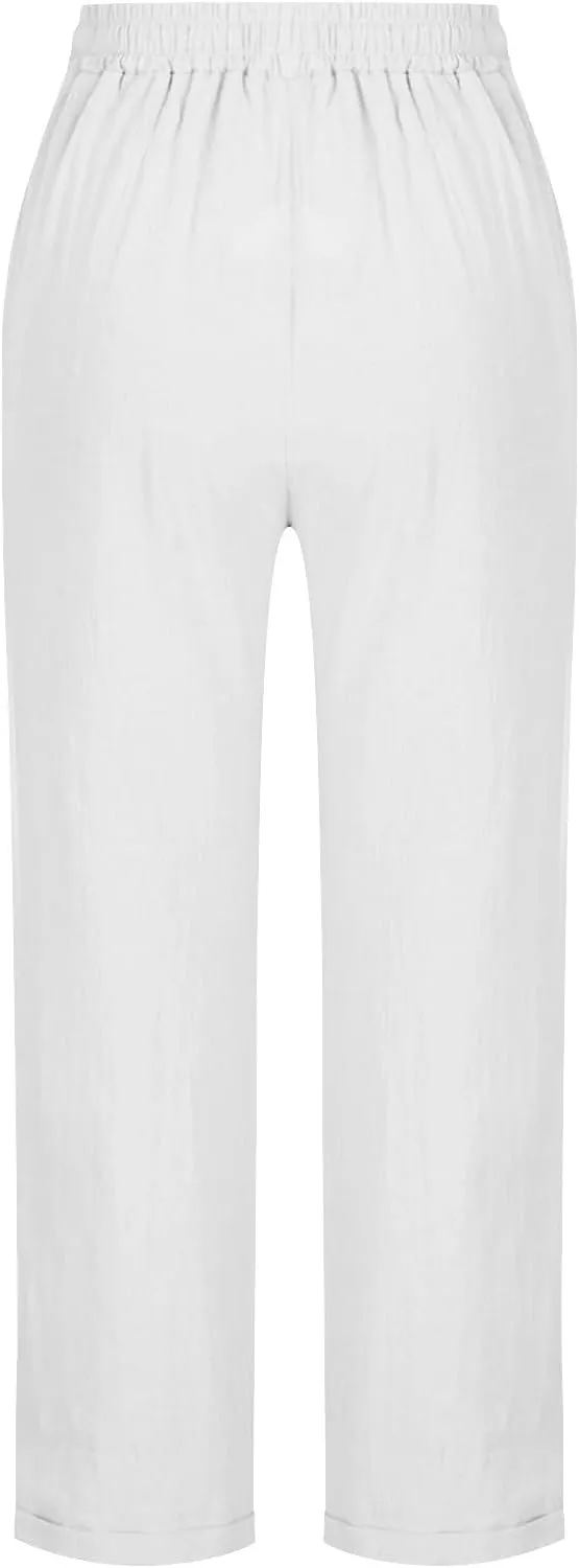 Summer Cotton Linen Pants for Women Boho Casual Loose Plus Size High Waist Lounge Trousers Straight Leg Beach Outfits