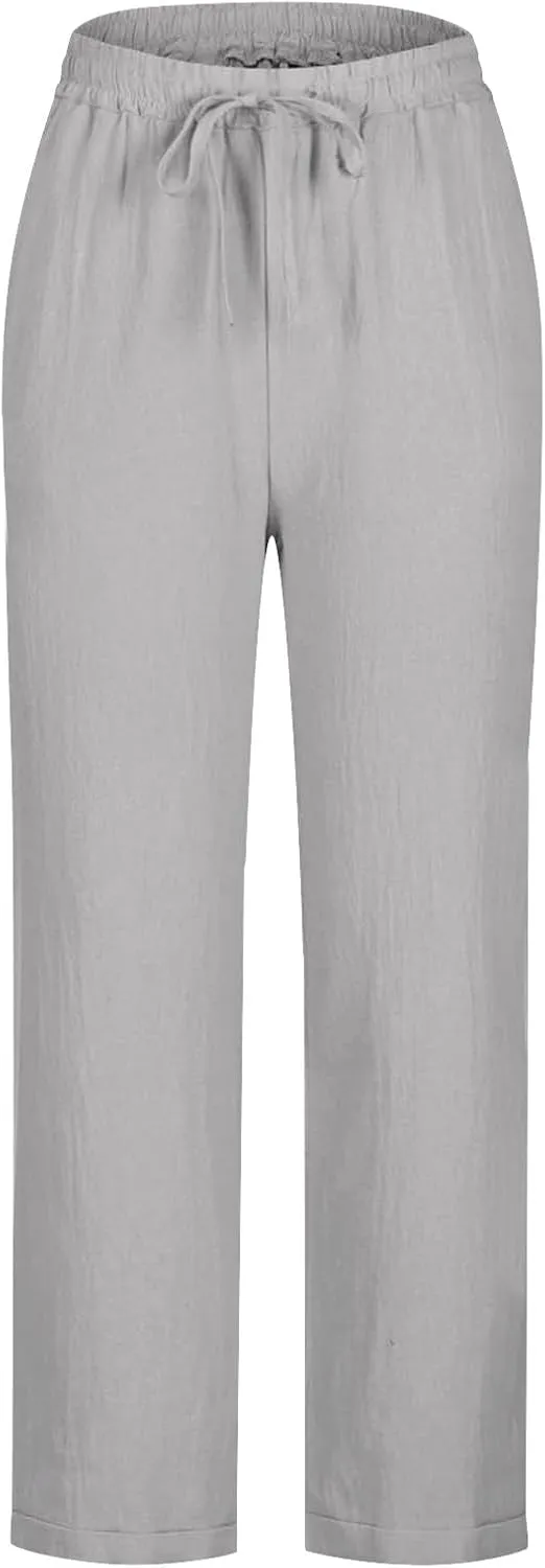 Summer Cotton Linen Pants for Women Boho Casual Loose Plus Size High Waist Lounge Trousers Straight Leg Beach Outfits