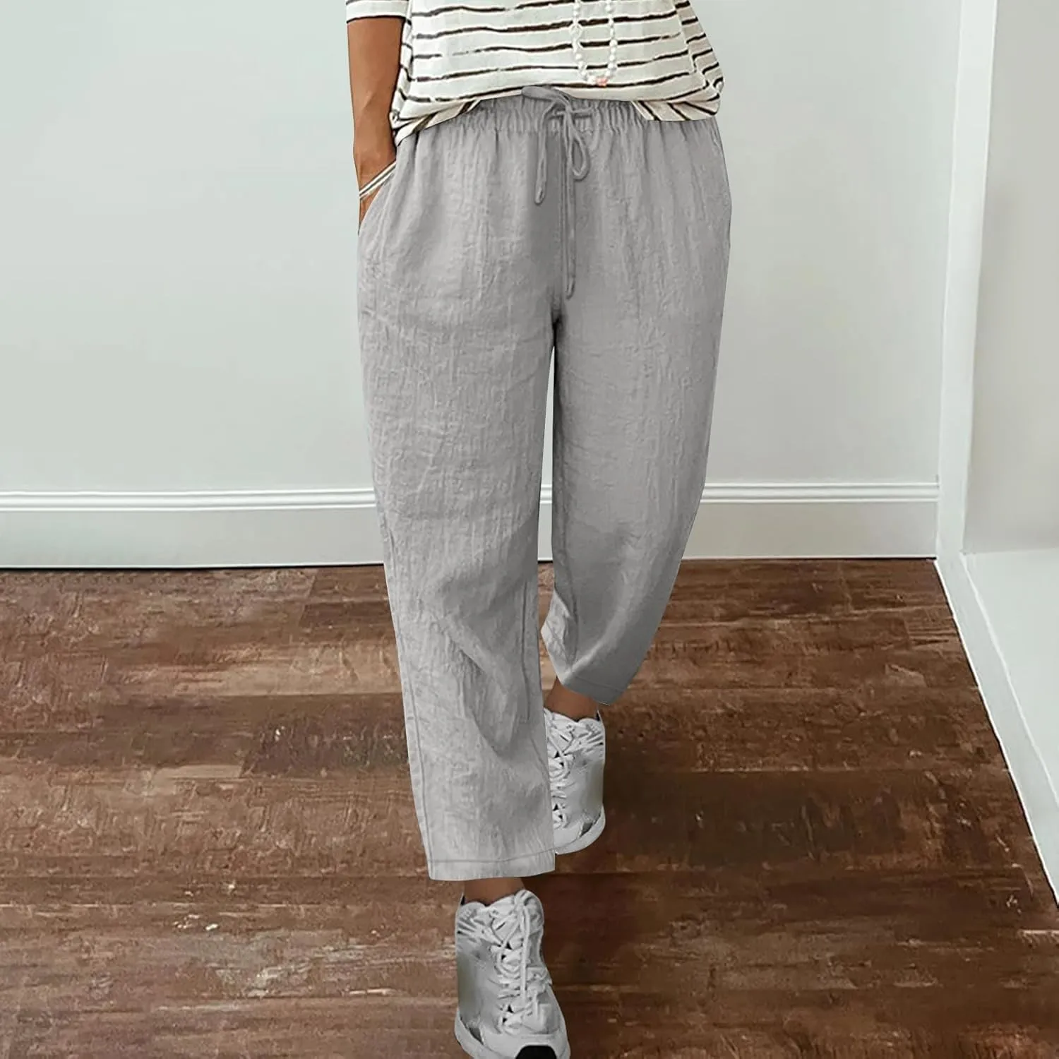 Summer Cotton Linen Pants for Women Boho Casual Loose Plus Size High Waist Lounge Trousers Straight Leg Beach Outfits