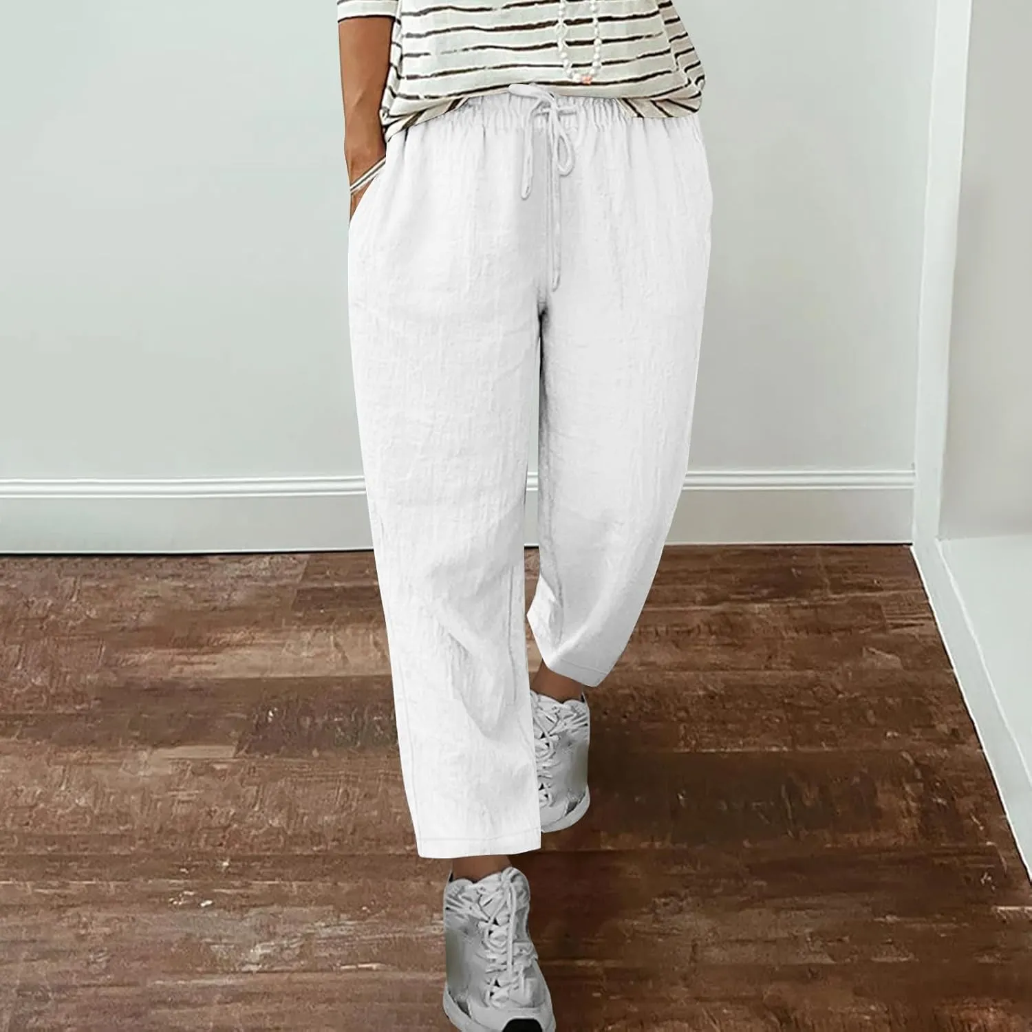 Summer Cotton Linen Pants for Women Boho Casual Loose Plus Size High Waist Lounge Trousers Straight Leg Beach Outfits
