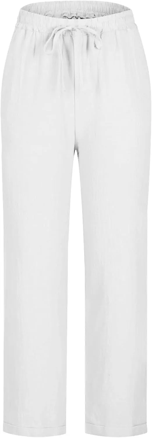Summer Cotton Linen Pants for Women Boho Casual Loose Plus Size High Waist Lounge Trousers Straight Leg Beach Outfits