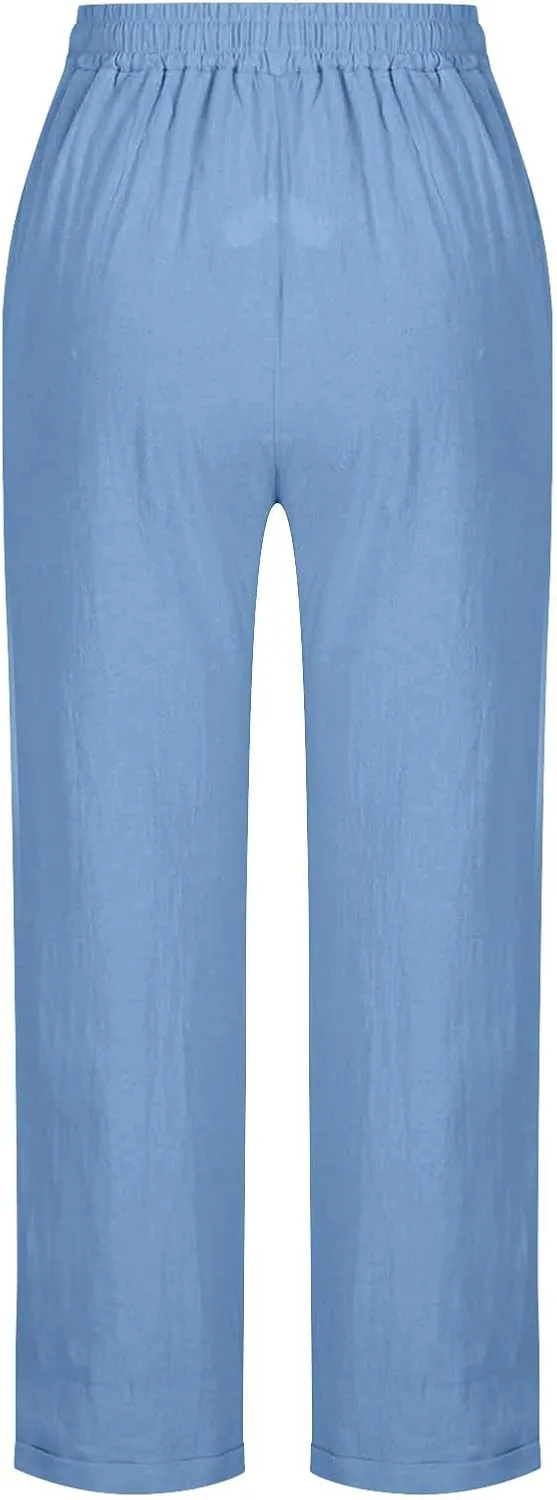 Summer Cotton Linen Pants for Women Boho Casual Loose Plus Size High Waist Lounge Trousers Straight Leg Beach Outfits