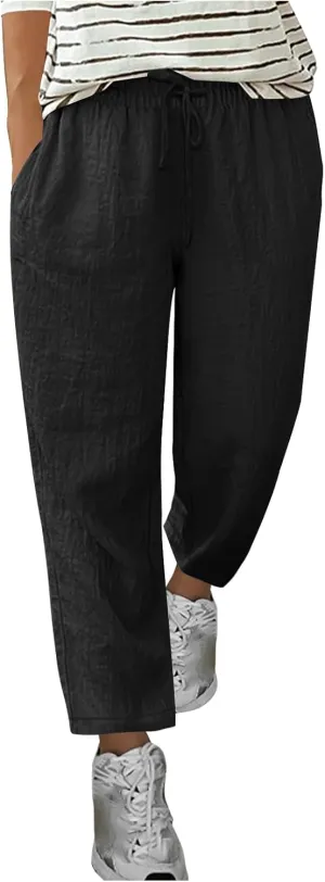 Summer Cotton Linen Pants for Women Boho Casual Loose Plus Size High Waist Lounge Trousers Straight Leg Beach Outfits