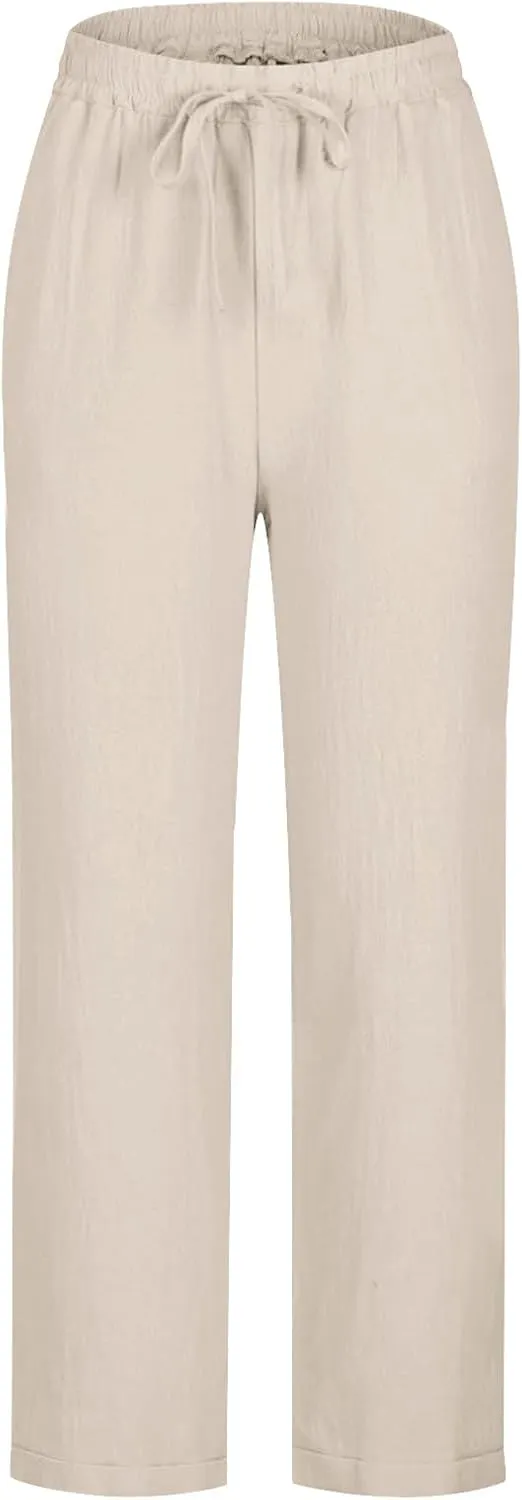 Summer Cotton Linen Pants for Women Boho Casual Loose Plus Size High Waist Lounge Trousers Straight Leg Beach Outfits
