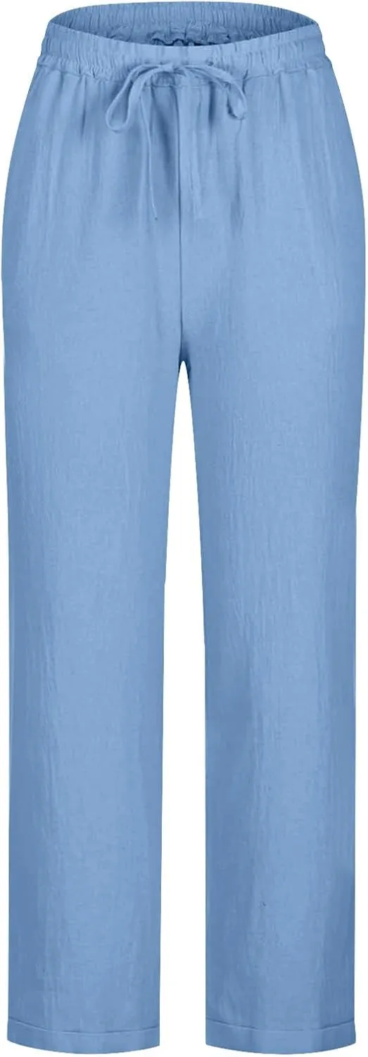 Summer Cotton Linen Pants for Women Boho Casual Loose Plus Size High Waist Lounge Trousers Straight Leg Beach Outfits