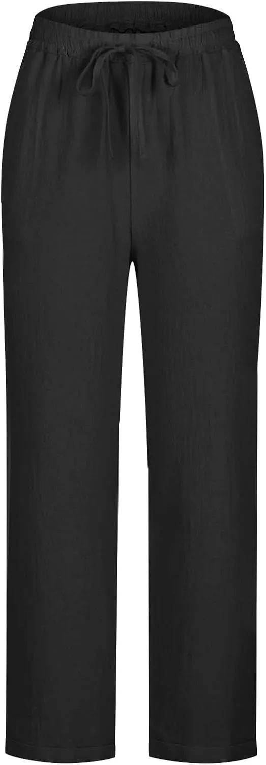 Summer Cotton Linen Pants for Women Boho Casual Loose Plus Size High Waist Lounge Trousers Straight Leg Beach Outfits