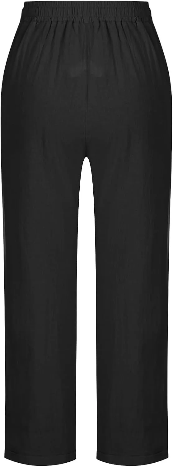 Summer Cotton Linen Pants for Women Boho Casual Loose Plus Size High Waist Lounge Trousers Straight Leg Beach Outfits