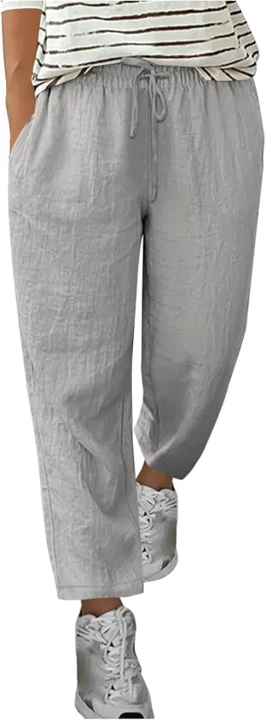 Summer Cotton Linen Pants for Women Boho Casual Loose Plus Size High Waist Lounge Trousers Straight Leg Beach Outfits