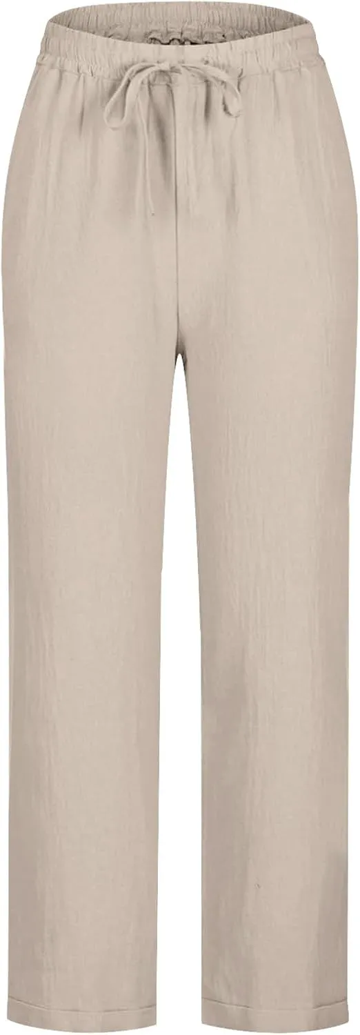 Summer Cotton Linen Pants for Women Boho Casual Loose Plus Size High Waist Lounge Trousers Straight Leg Beach Outfits